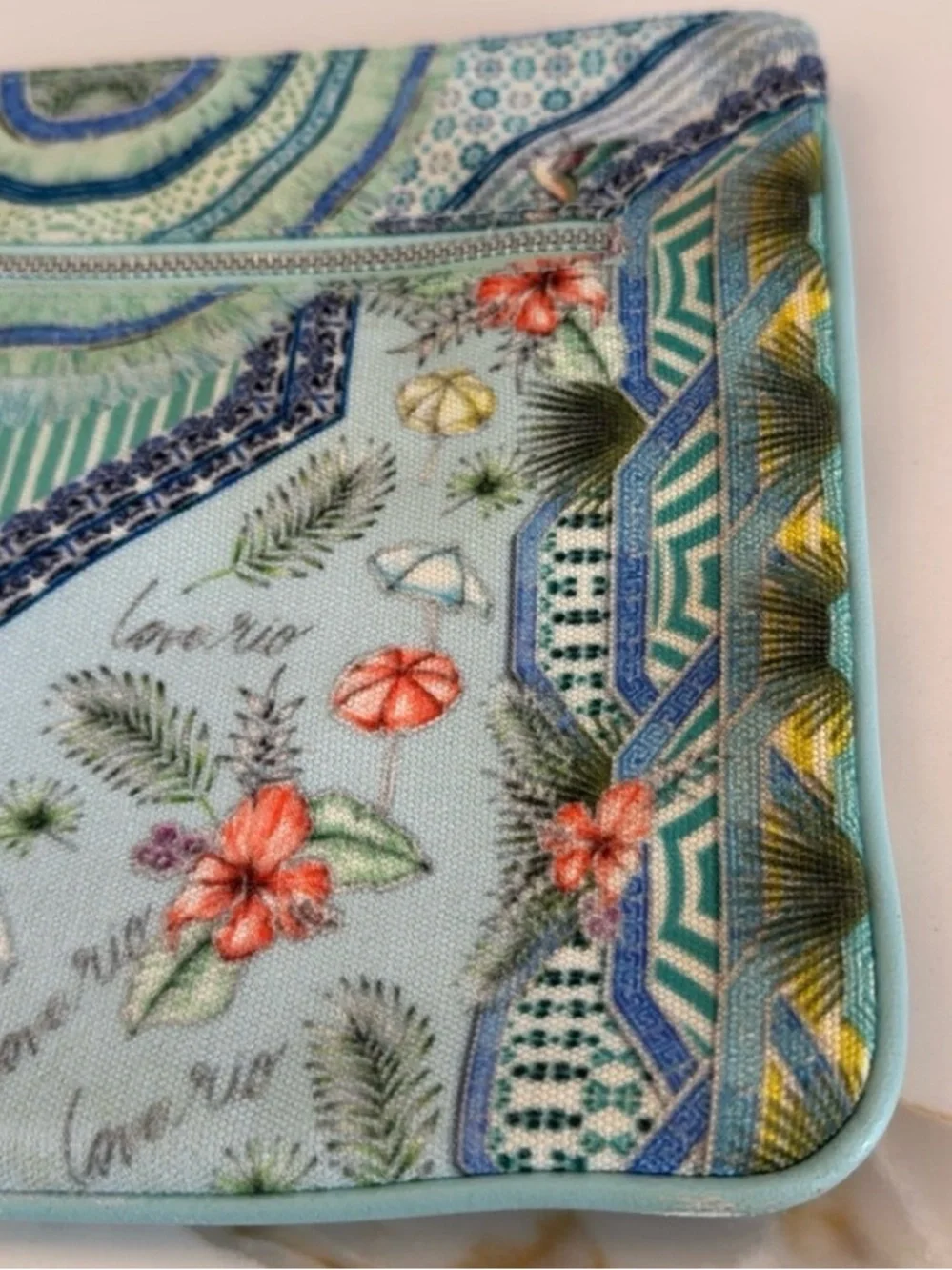 Camilla Shades of Rio Floral Blue-Green Canvas Tassel Clutch